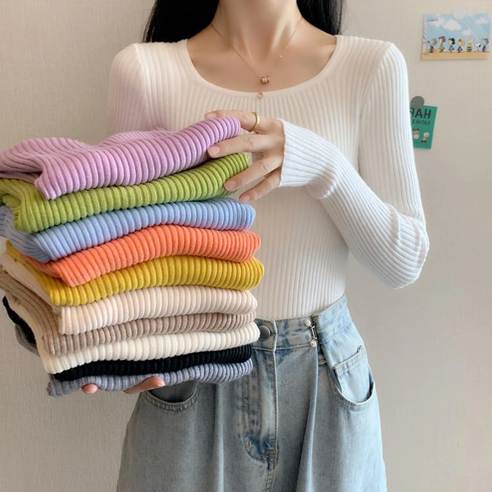 O Neck Solid Pullover T Shirts Women Black White Green Orange Sweaters S-XL Fashion Female Blouses Full Sleeve Slim Tops Clothes
