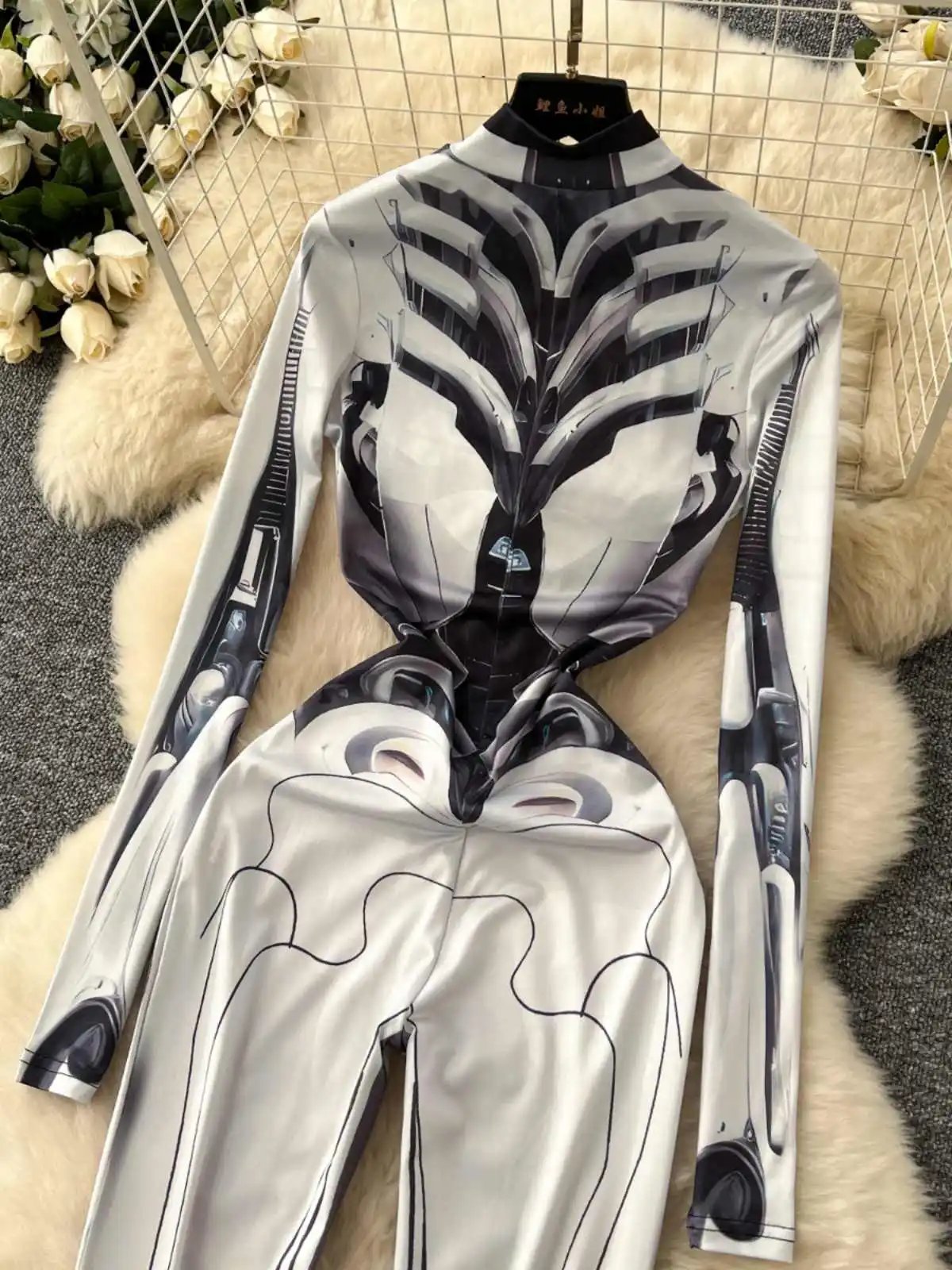 Women's Grey Print Jumpsuits Vintage Long Sleeve Skinny Playsuits Pants Harajuku Sexy Rompers 2000s Emo Coquette Fashion Clothes