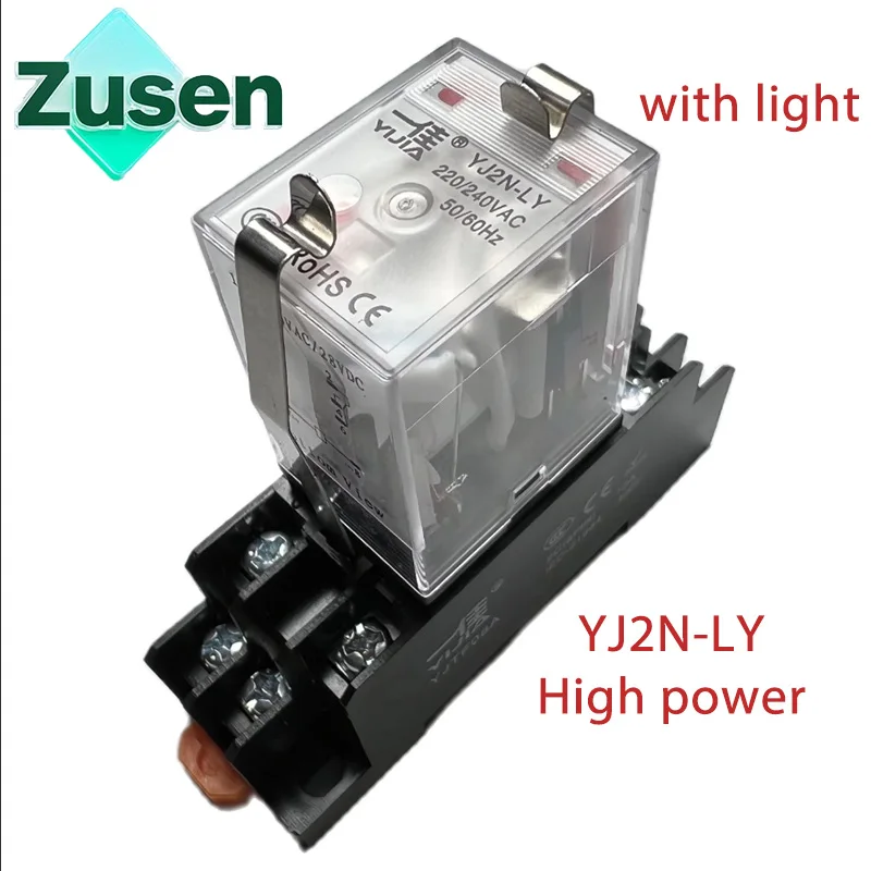 Zusen YJ2N-LY High Power AC 220V DC 12V 24V 10A Coil Small Intermediate Relay 2 Groups of  8 Pins with Lights
