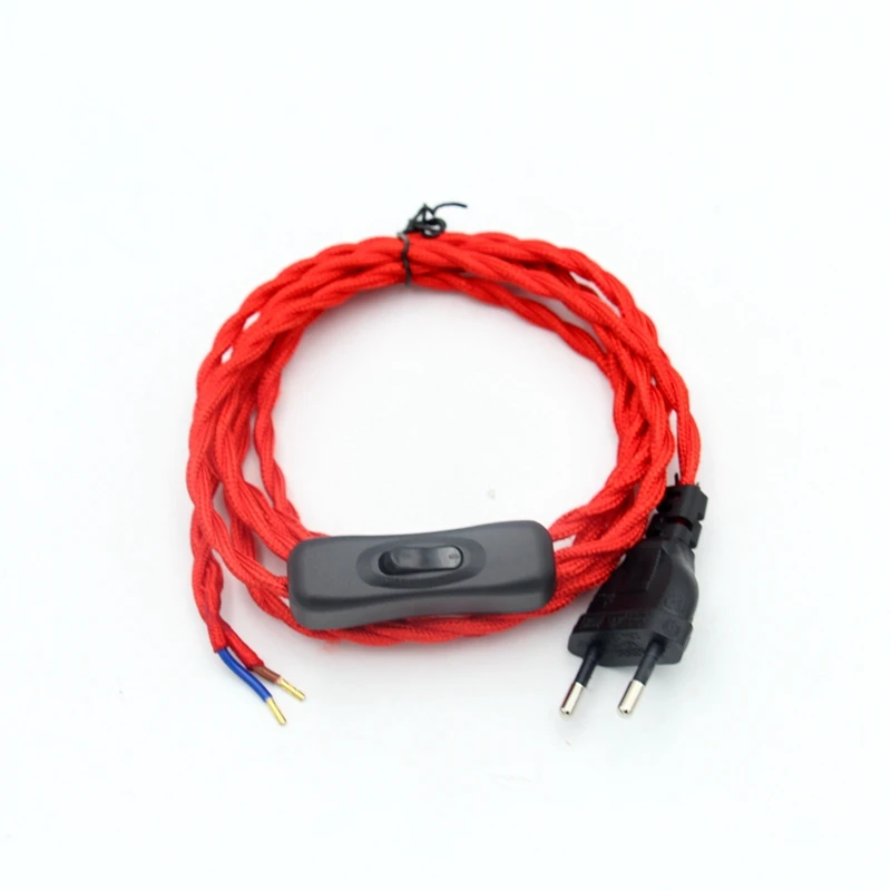 2m 220V AC Vintage Power Cord With EU Plug Line Switch Fabric Covered Twisted Cable Wire For Table Lamp