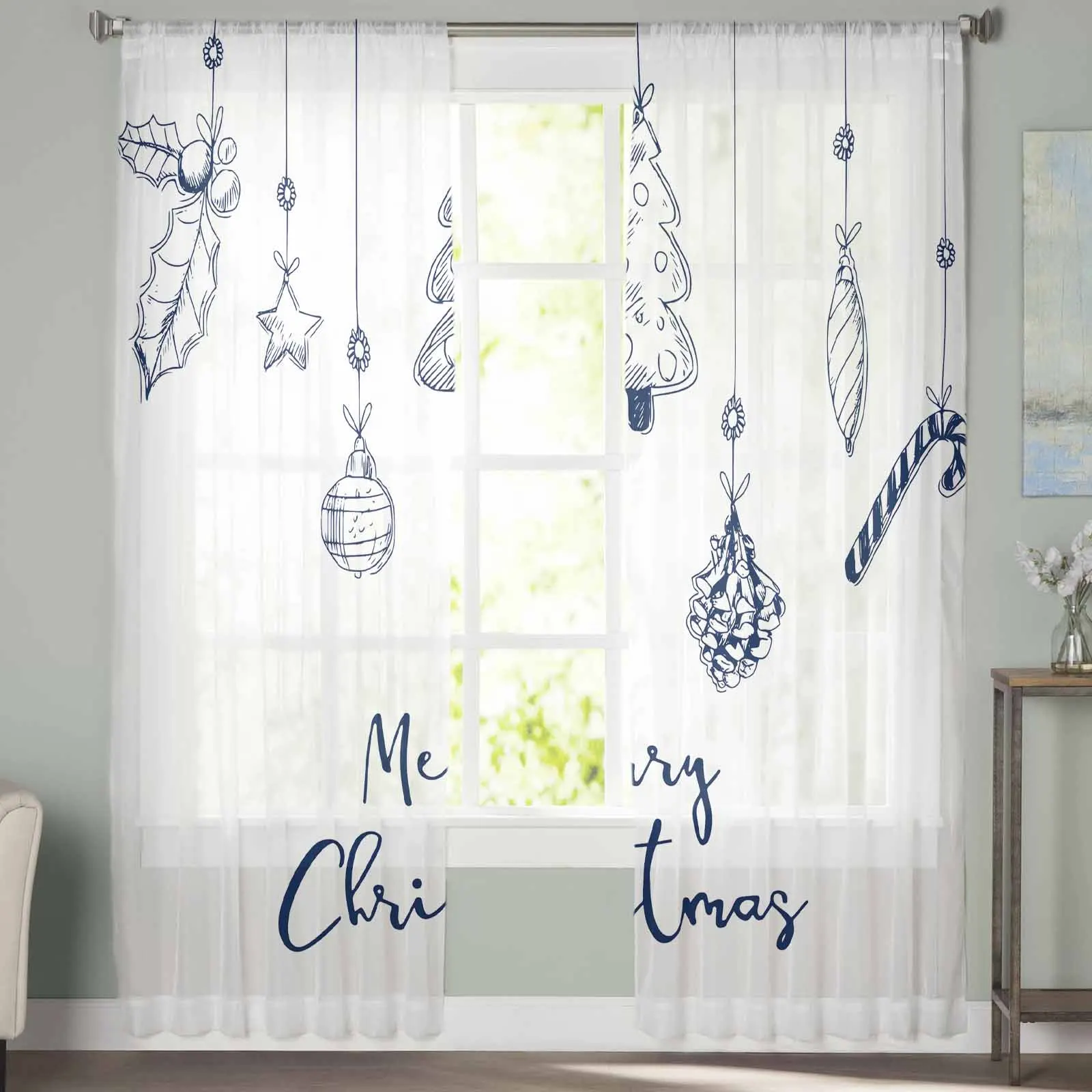 Christmas Tree Pine Trees With Retro Lines  Sheer Curtains for Living Room Bedroom Home Hotel Decor Chiffon Tulle Curtains