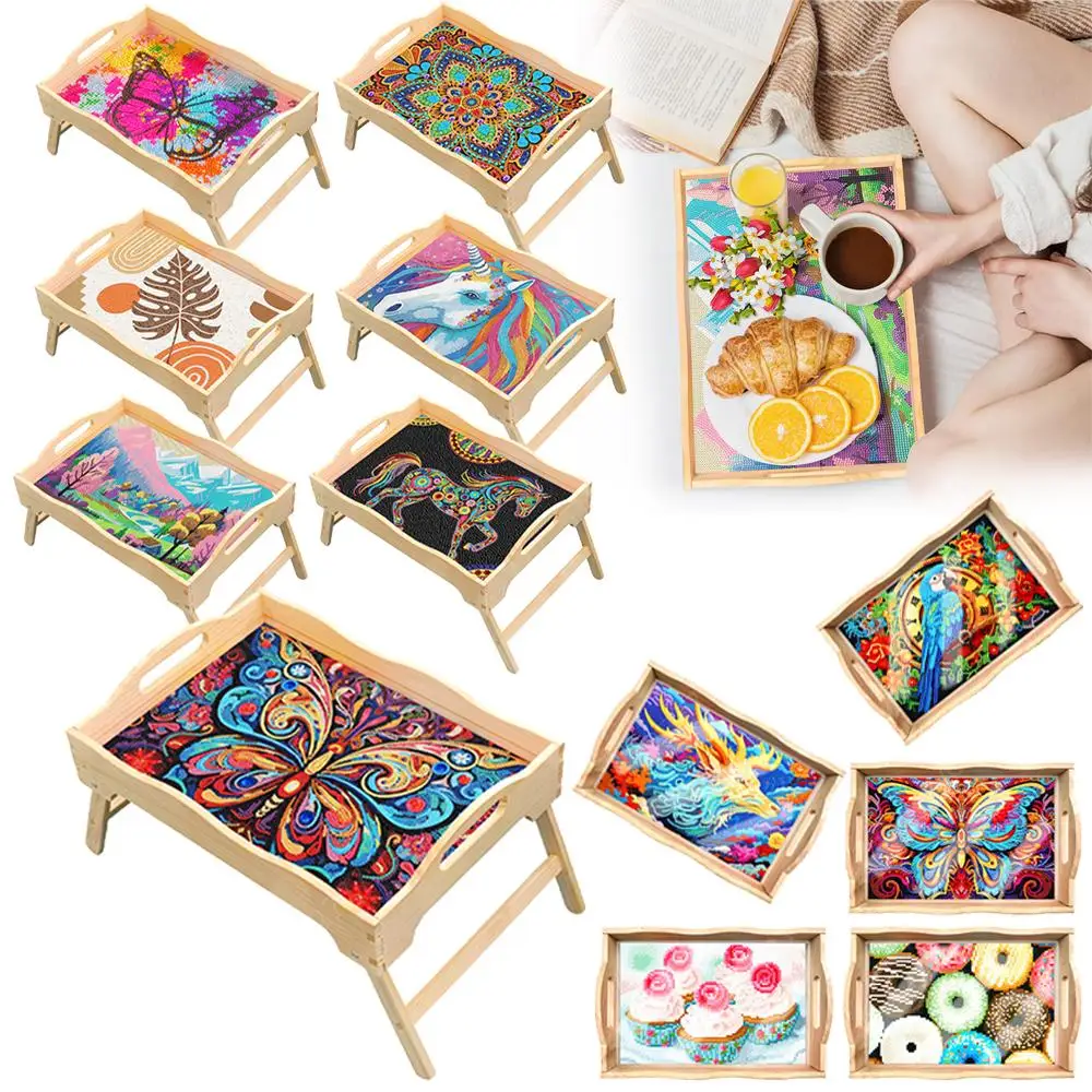 DIY Diamond Painted Wooden Dining Plate Decor Tray with Handle Diamond Mosaic Food Tray Tableware Manager Tray Home Decor Gift