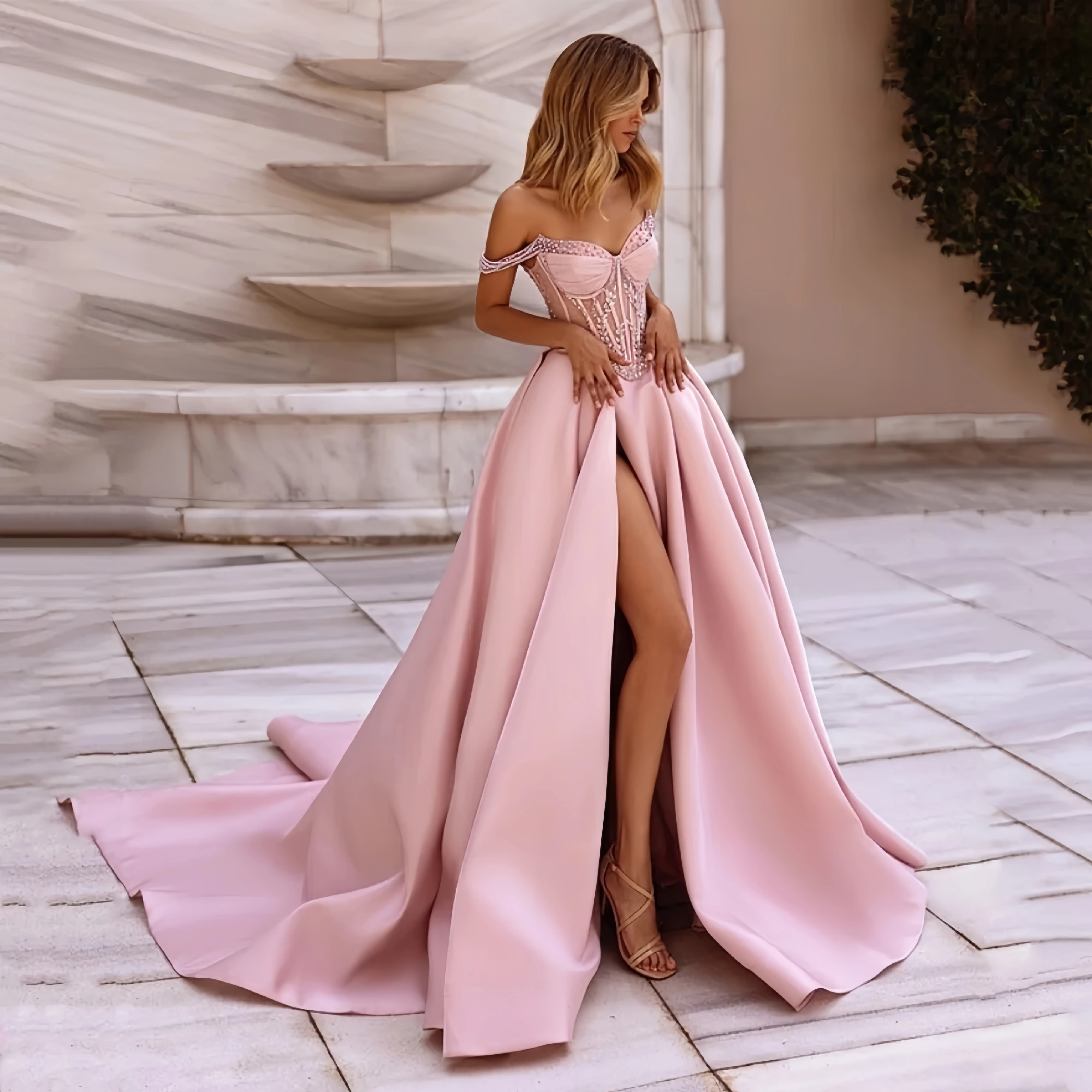 

Lily Pink Off Shoulder Sweetheart A-Line Prom Dress Pearls Backless Formal Evening Party Gown Bridesmaid Vestidos Customized