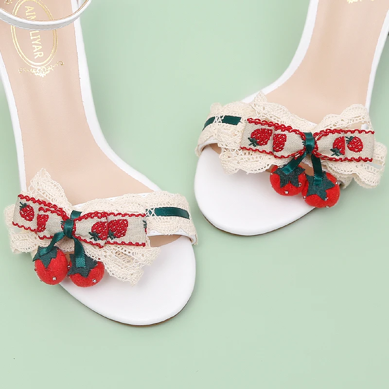 Summer Sweet Strawberry Flower Sandals Sweet Girl Ankle Strap Open Toe Lace Bowknot Shoes Chunky Square Heel Daily Wear Pumps