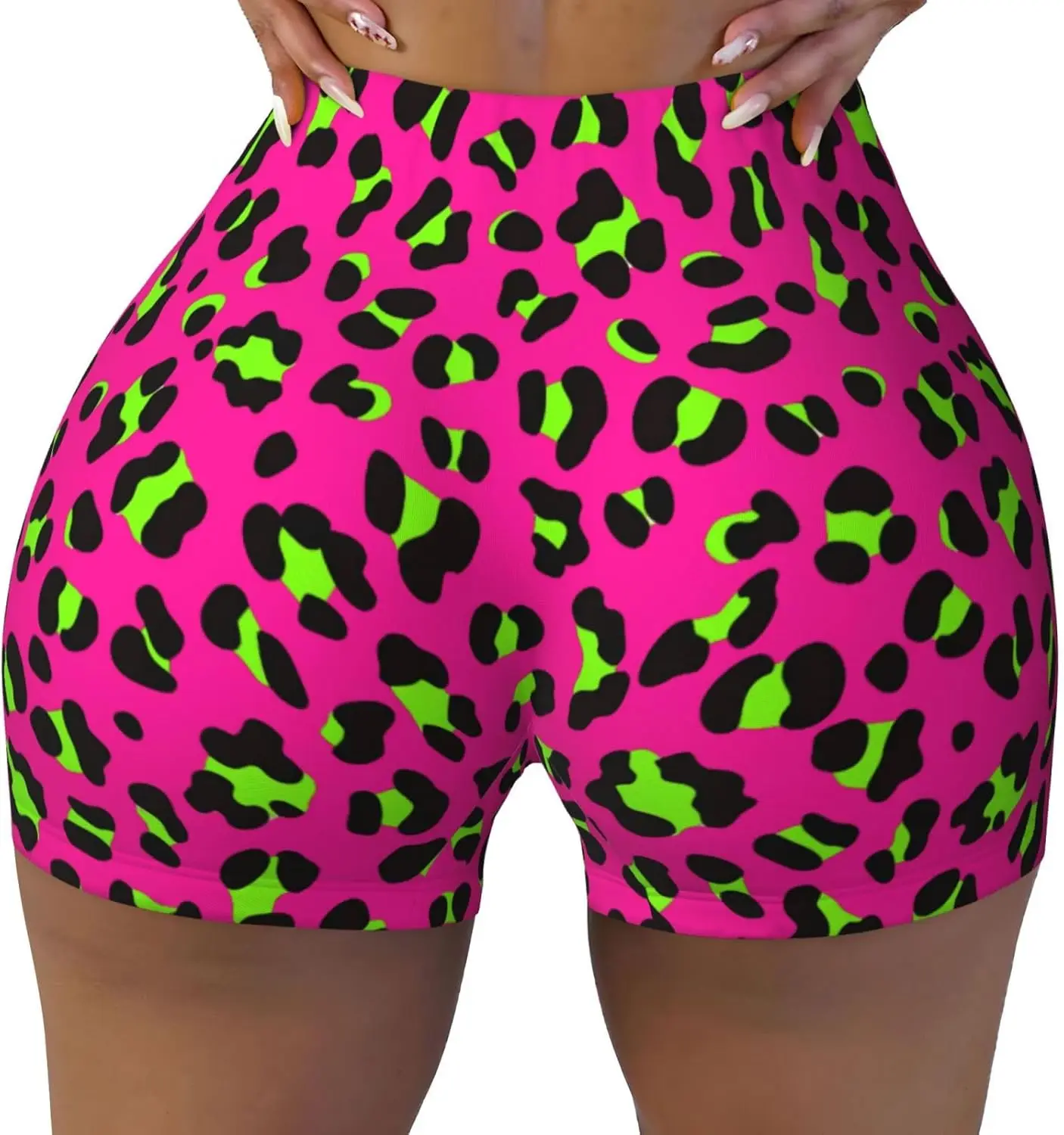 Pink Leopard Print Abstract Bloody Women's Workout Shorts Yoga Shorts Elastic Athletic Short Fitness Pants with Pockets