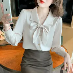 Bow Polo Neck Solid Color Office Blouse Spring Autumn Long Sleeve All-match Korean Shirt Tops Temperament Fashion Women Clothing