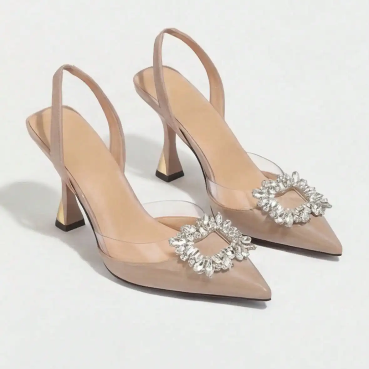 Women's Multi-Color Rhinestone Buckle Slingback Heels, Pointed Toe Patent Pumps with Clear Transparent Straps, Elegant Ladies Dress Shoes, Sparkly Rhinestone Decoration, Ideal Footwear for Wedding Ceremony, Cocktail Party, Special Formal Occasions