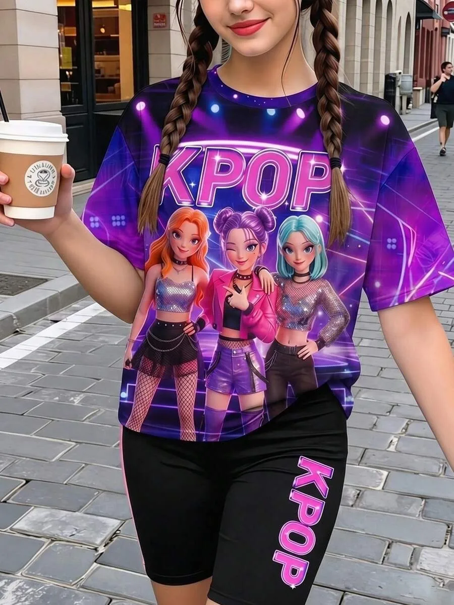 Girls' Purple Neon K-Pop Stage-Style Short-Sleeve Set: All-Over Print T-Shirt and Shorts with Vertical Side Lettering (2-Piece S