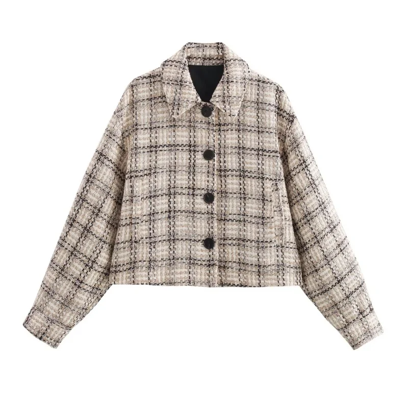 Women's Autumn Plaid Shirt Long Sleeve Turn-down Collar Casual Blouse with Pockets Single-Breasted Versatile Short Blouse
