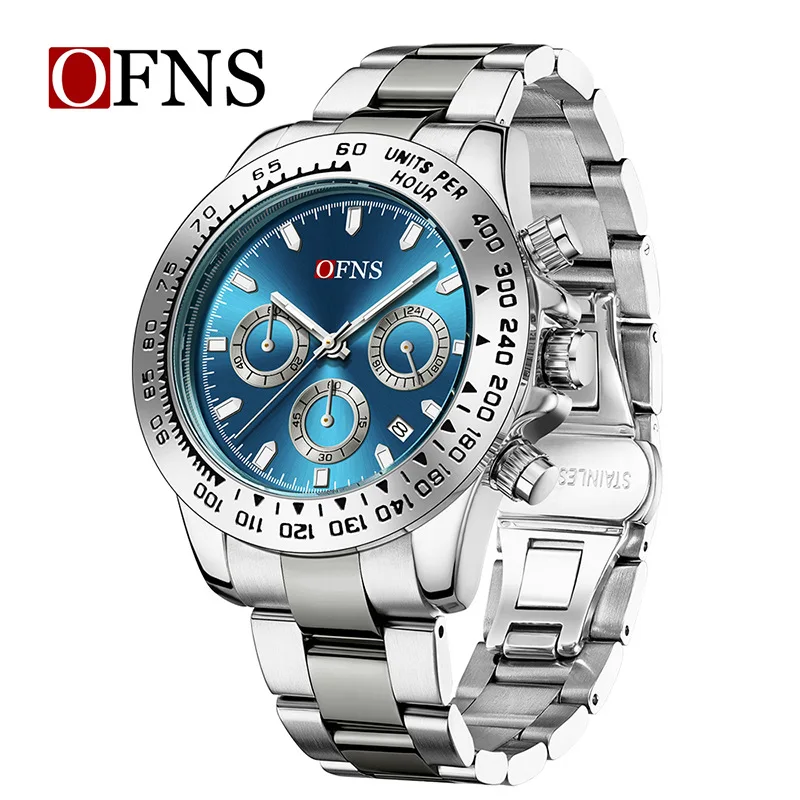 OFNS  large dial watch calendar steel belt men's six-pin quartz watch fashion casual European and American men's watch