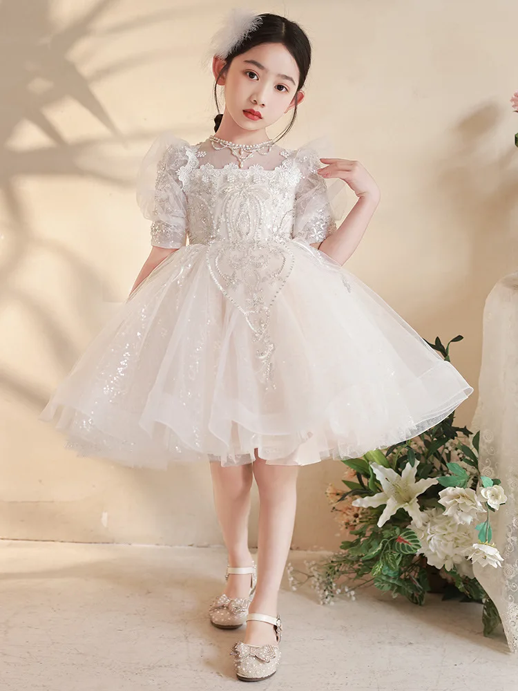 White Children's Princess Evening Gown Fashionable Sequin Design Wedding Birthday Baptism Easter Eid Party Girls Dresses