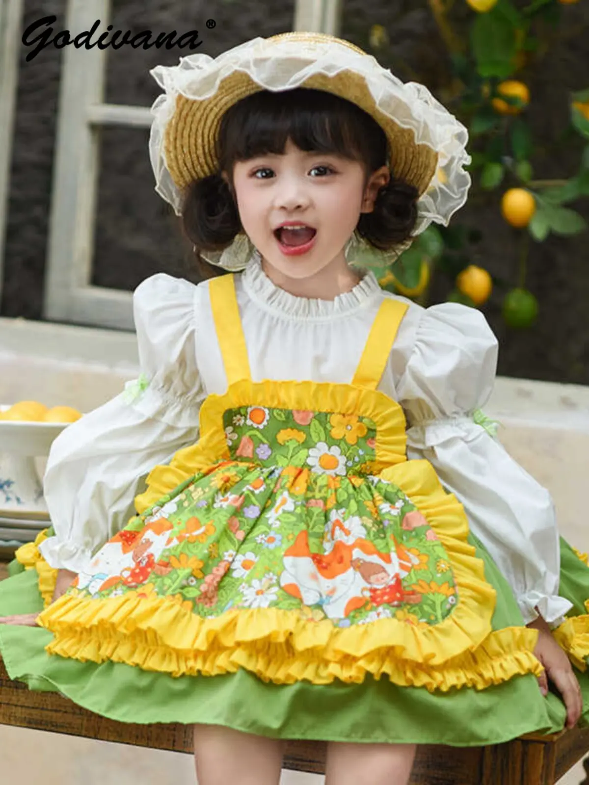 Sweet Baby Girls Pastorale Fairy Lolita Princess Tutu Dress Kids Spring and Autumn Long Sleeve Floral Ruffle Trim Formal Gown
