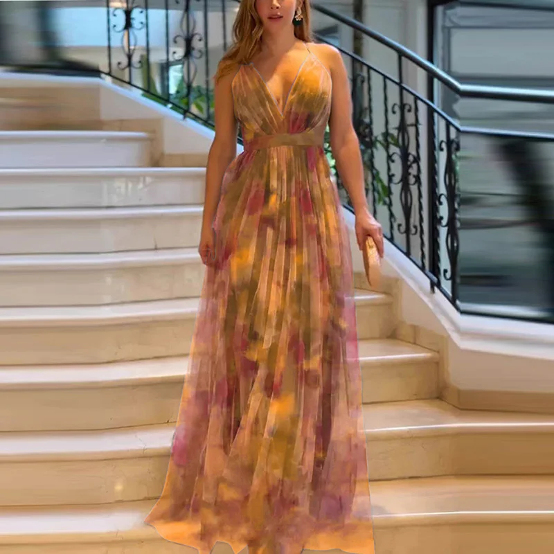 Boho Style Floral Print Mesh Long Dress Women 2025 Spring V Neck High Waist Swing Party Dress SUmmer Sleeveless Sling Maxi Dress