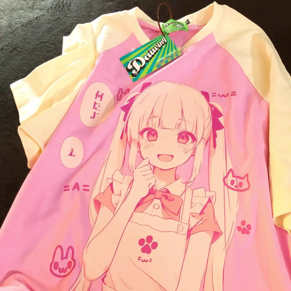 High Quality Kawaii Anime Girl Maid Apron Pink Raglan T-Shirt 100% Cotton Japanese Harajuku Streetwear Sweet Girls Students Tops