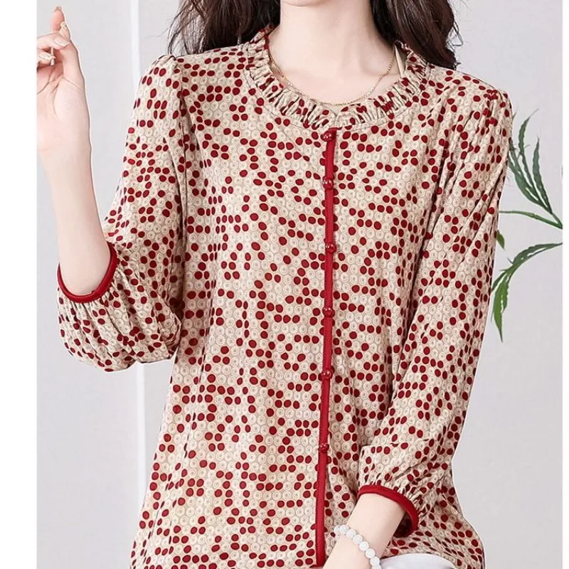 Spring Summer Women\'s Pullover Lantern Long Sleeve Crew Neck Button Polka Dot Chiffon T-shirt Casual Fashion Elegant Tops