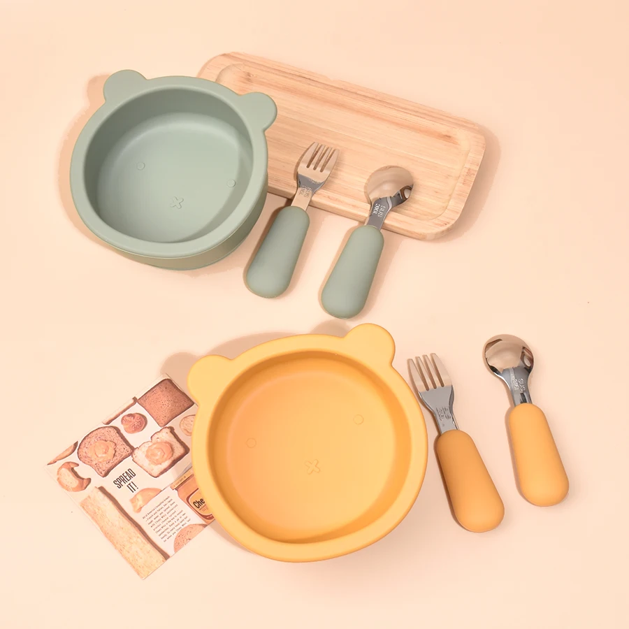 

Baby Silicone Complementary Food Bowl Silicone Children Learning to Eat Rice Bowl WIth Stainless steel Fork Spoon Set