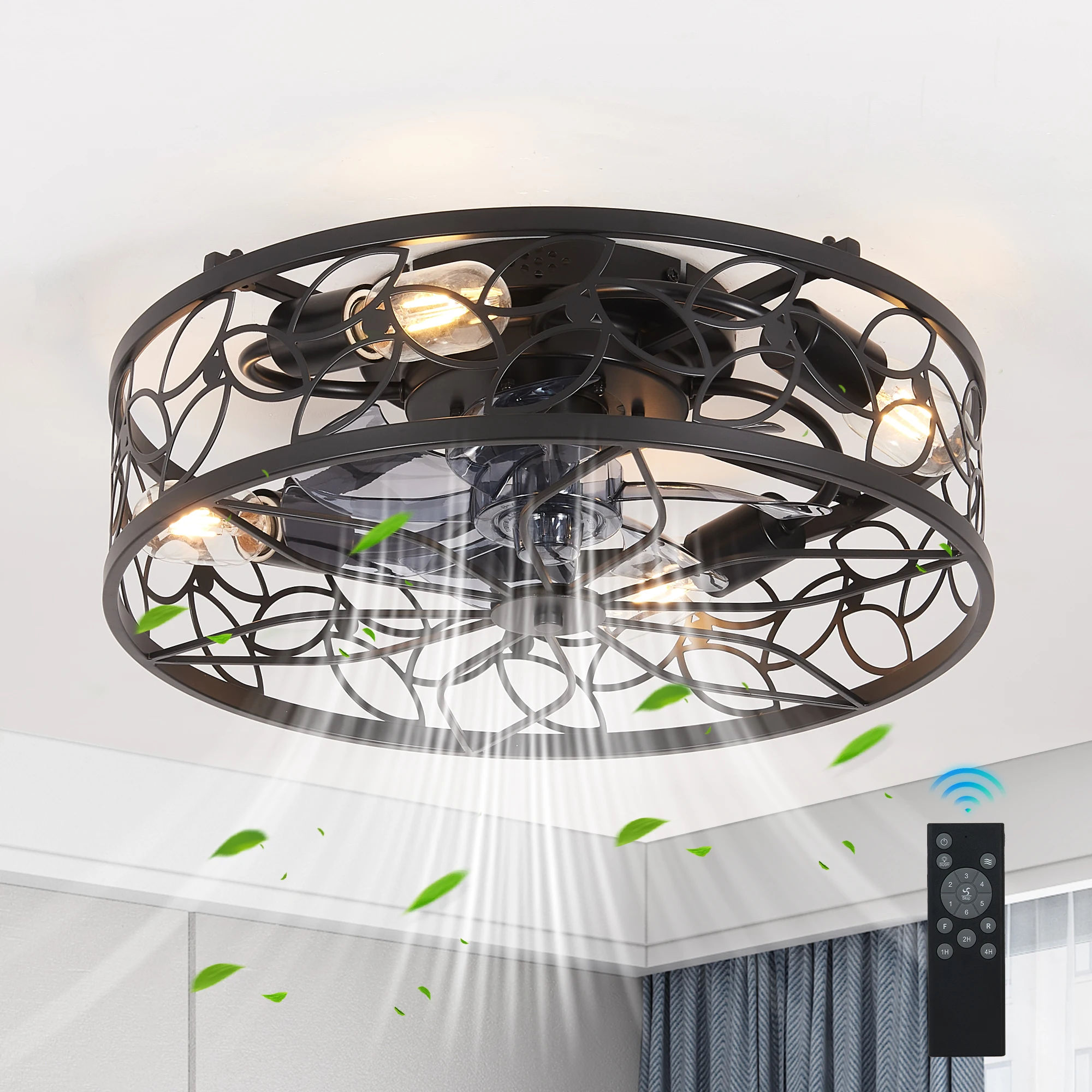 

ARLGSITE 18 Inch Black Vintage Caged Ceiling Fan Light Quiet Operation,Remote Control,Industrial Style for Living Room,Bedroom