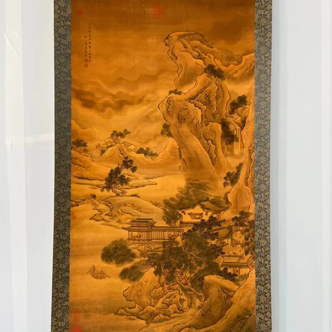 Old Chinese hand-painted long scroll,Immortal mountain scenery