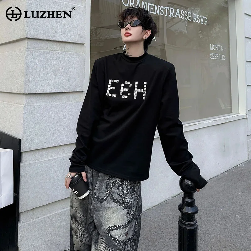 LUZHEN 2026 Autumn New Sequin Patchwork Letter Long Sleeve T-shirts Men's Fashion Handsome Elegant High Quality Male Tops JY8742