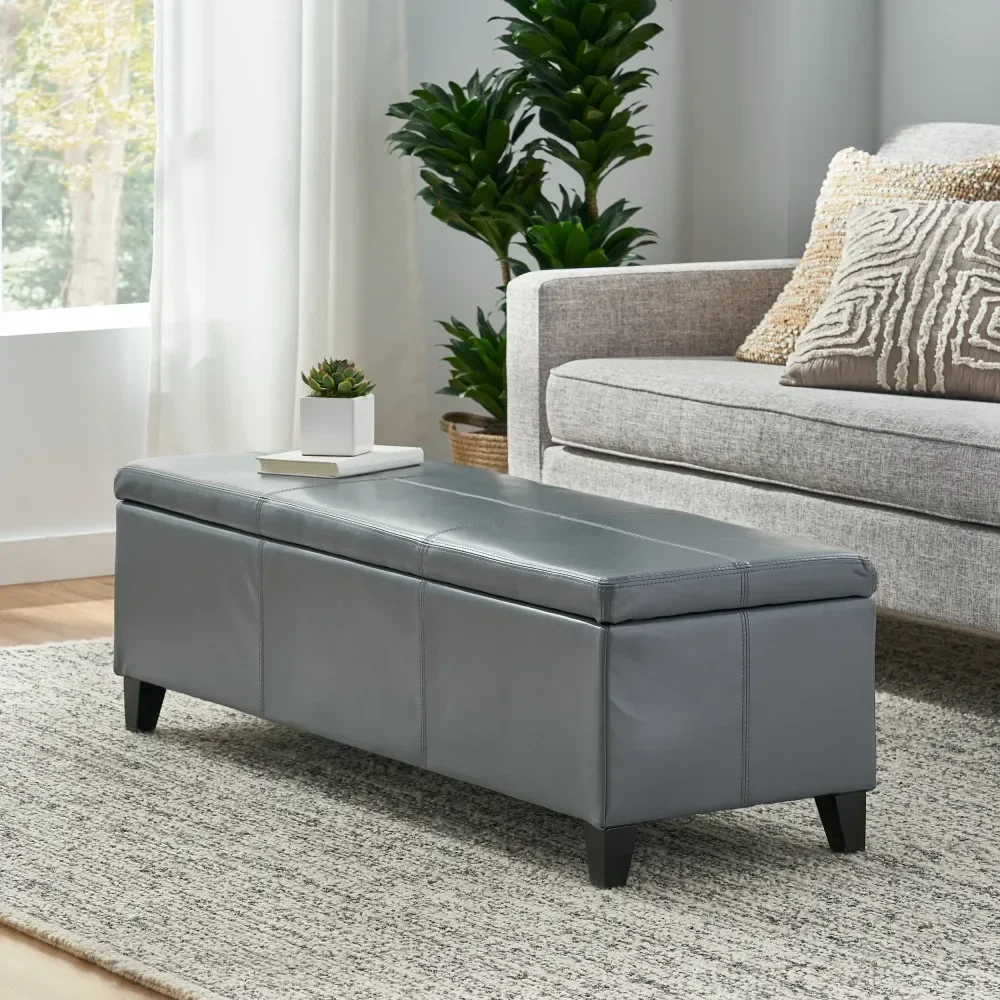 Grey Faux Leather Ottoman with Storage, Rectangular, Extra Long Storage Bench for Bedroom and Living Room, Stools, Ottomans