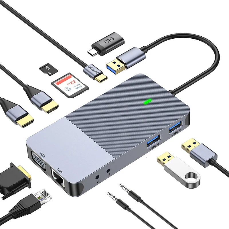 11-in-1 USB docking station DisplayLinkHUB triple display hub Type-C expansion dock 5Gbps Transfer Rate USB 3.0