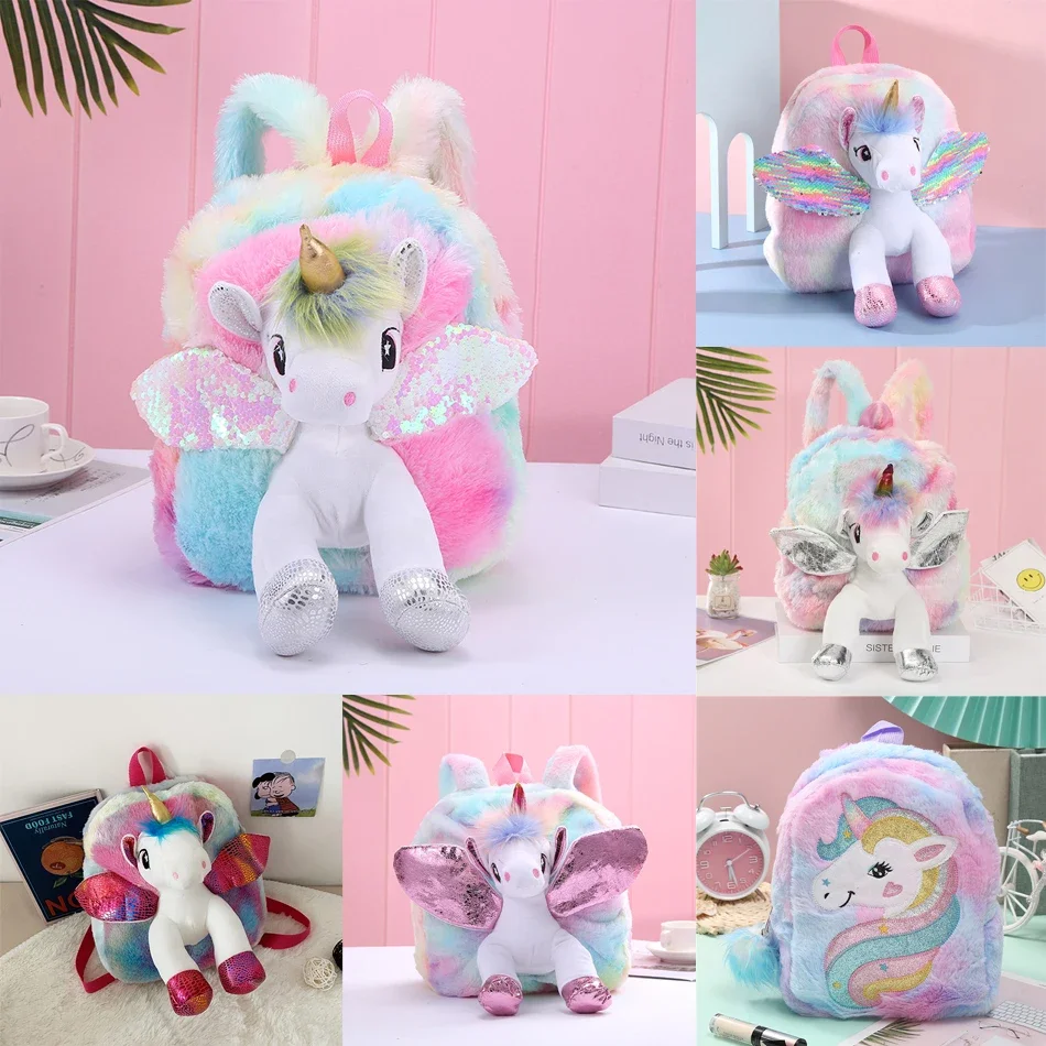 Unicorns Cartoon School Book Bag Backpacks Cute Fashion 3D Fur Backpacks For Girls Travel Backpack Children Schoolbag Kids Gift