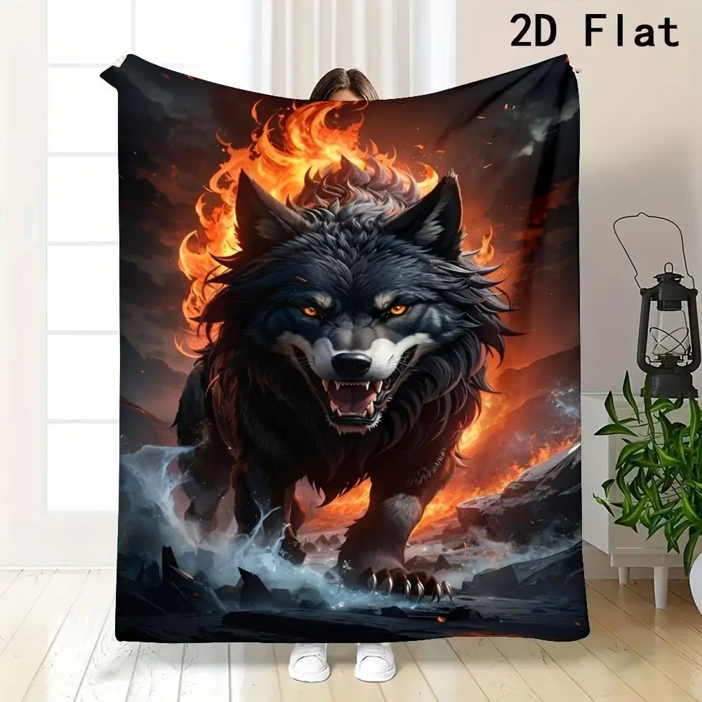Premium Wolf Fire Art Blanket Throw Cozy Fleece Decor for Couch Home Aesthetic Mythical Fantasy Gifts Winter Plush Large Size