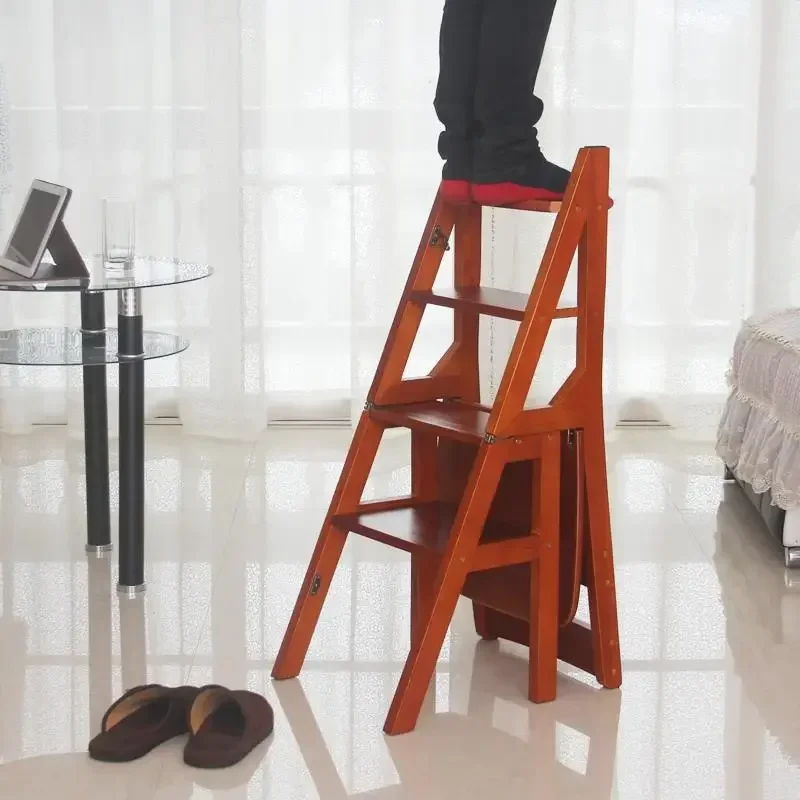 Solid Wood 4-Step Folding Ladder - Multi-Functional Indoor Climbing Stool with Dual Purpose