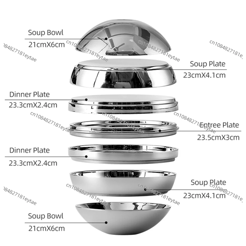 304 Stainless Steel Spherical Bowl & Plate 7 Piece Set  Artistic Sphere Decor, Glossy Double-Layer Heatproof Bowls and Dishes