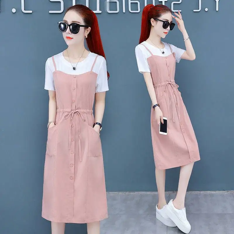 Różowa bawełniana sukienka 2024 Summer New Popular Korean Fake Two Pieces Dress and Fresh Waist Tie Strap Dress for Lace-Up Women Black