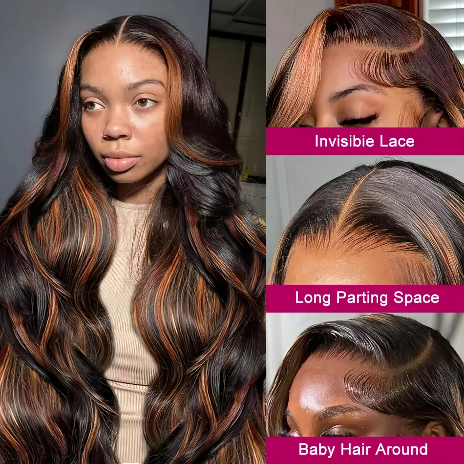 Peruka z włosów naturalnych Highlight Body Wave 13x6 HD Omber Lace Front, wstępnie wyregulowana linia włosów, kolor 1B/30 czarno-brązowy, peruki 13x4 HD Lace Frontal, 100% ludzkie włosy.