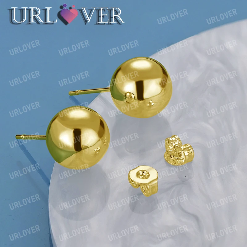 

URLOVER 18K Gold 8 10 mm Round Beads Earrings For Women 925 Sterling Silver Stud Earring Party Wedding Fashion Jewelry Birthday