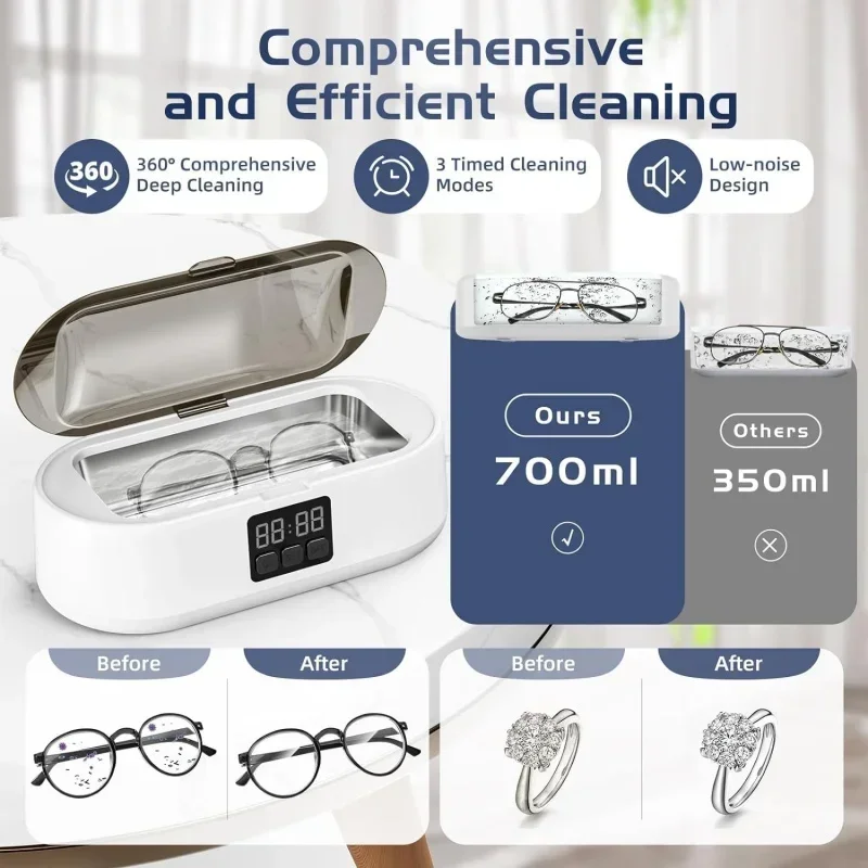 QWFYZUX Jewelry Cleaner,700ML Professional Ultrasonic Cleaner with 3 Modes Digital Timer,Portable Sonic Machine Clean Pod