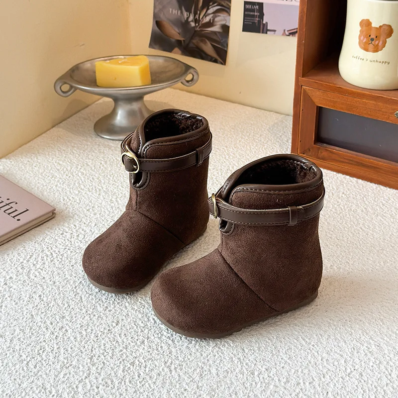 

Girls Short Boots Soild Color Versatile Children Leather Boots Round Toes 2025 Winter New Kids Ankle Boots Suede Warm Fashion