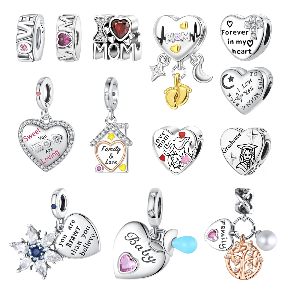 Text Series 925 Sterling Silver I Love You Mommy Pacifier Heart-Shaped Nameplate Charm Fit DIY Bracelet Necklace Exquisite Gift
