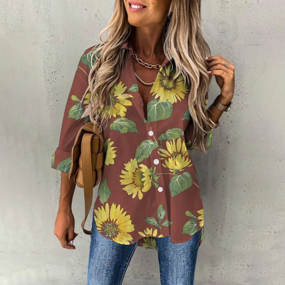 Women's New Button Collar Fashion Sunflower Print Long Sleeves Shirt Boho Retro Print T-Shirt Slim Top Casual Tops Oversized