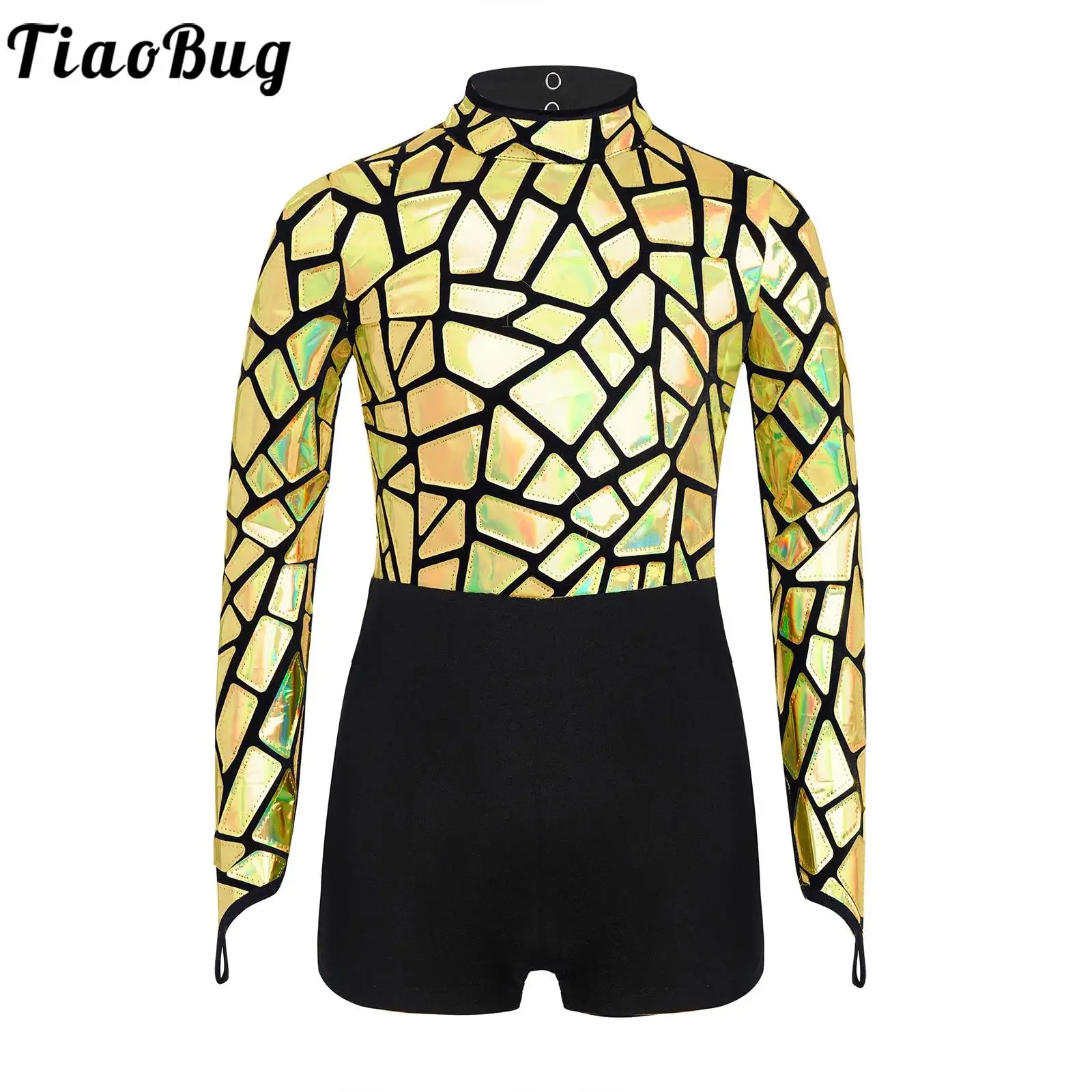 بدلة رقص الجمباز للأطفال البنات بأكمام طويلة وفتحة خلفية معدنية لأداء التزلج على الجليد الحديث