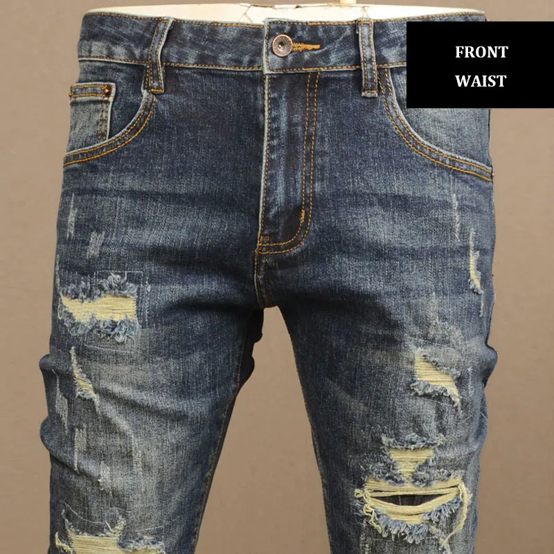 Korean Style Fashion Men Jeans Retro Blue Stretch Slim Fit Ripped Jeans Men Streetwear Vintage Designer Casual Denim Pants