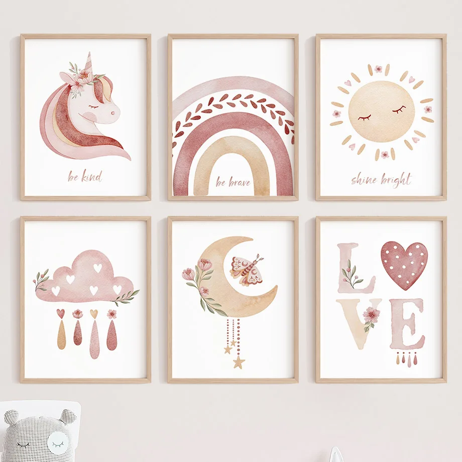 Toile d'art mural aquarelle licorne soleil lune arc-en-ciel nuage, affiches et imprimés de dessins animés, images pour chambre d'enfants de filles, décoration de maison