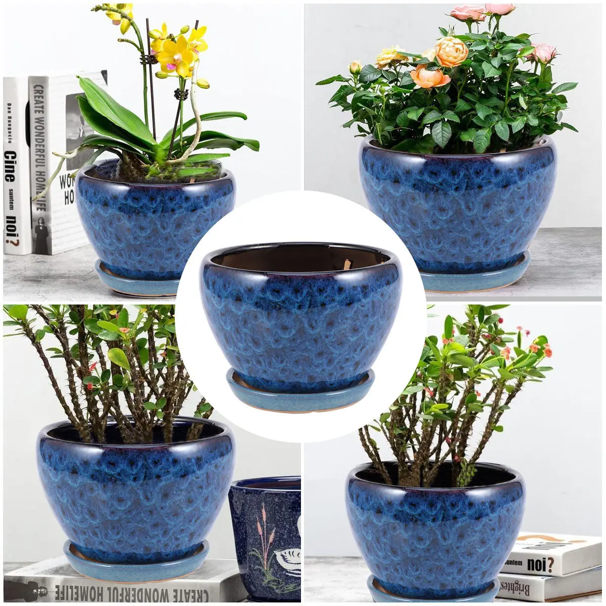 1Set Unique Dark Blue Ceramic Succulent Flowerpot Drainage Hole for Home Office Decorative Gardening Plant Holder for Succulents