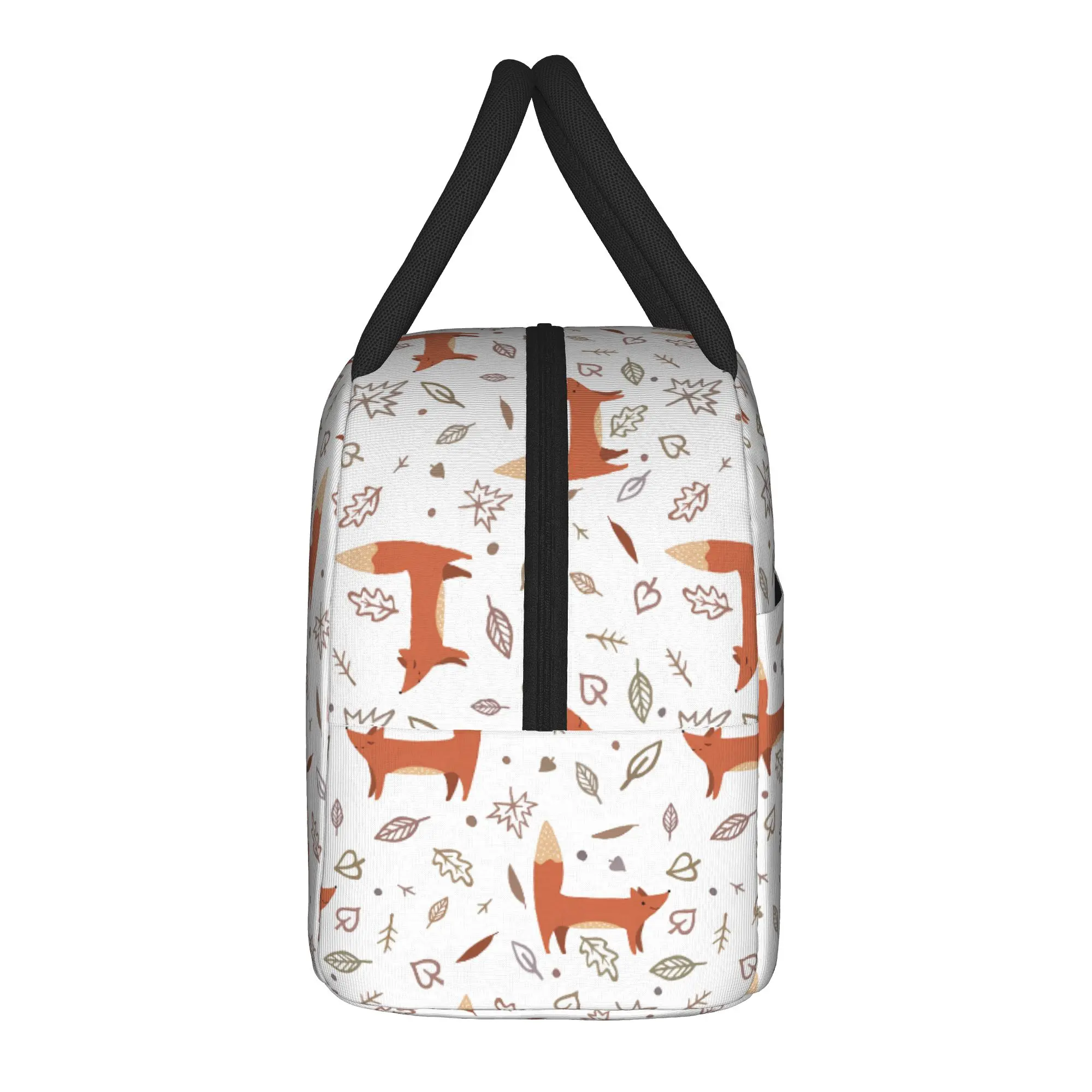 Cute Foxes Minimalist Autumn Leaves Pattern Lunch Bag For Women  Print Lunch Box Cooler Bag Portable Zipper Thermal Lunch Bags