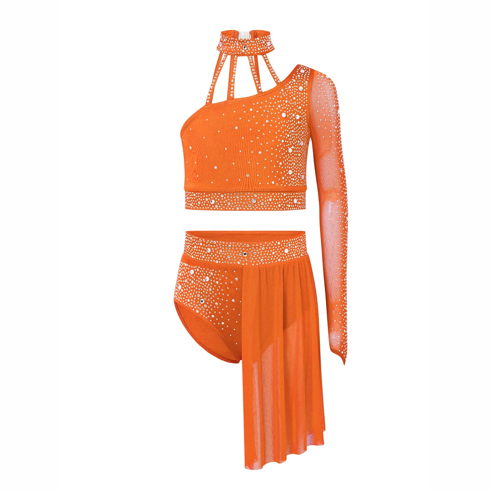 Zeitgenössisches Modernes Lyrisches Tanzoutfit für Mädchen Einschultriges Transparentes Netz-Strass-Crop-Top mit Rock für Ballett Eiskunstlauf