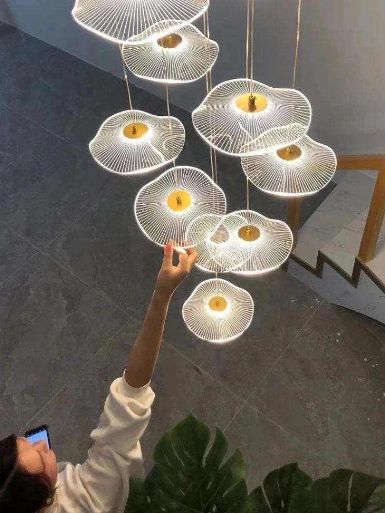 

Round Lotus Leaf Design Chandelier Modern Duplex Building Lobby Villa Staircase Hanging Lights Gold Acrylic Lighting Fixtures