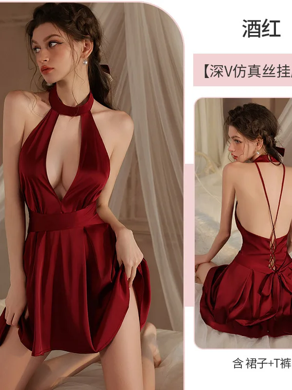 Underwear Sexy Small Chest Show Large Deep V Hanging Neck Hollow Dress Elegant Cross Strap Leaky Back Slim Fit Waist Z3HE