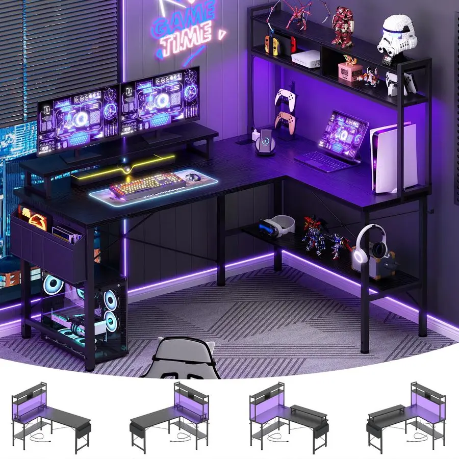

L Shaped Gaming Desk with Power Outlets amp LED Lights, Small L Shaped Desk Computer Corner Desk with Monitor Stand amp Storage