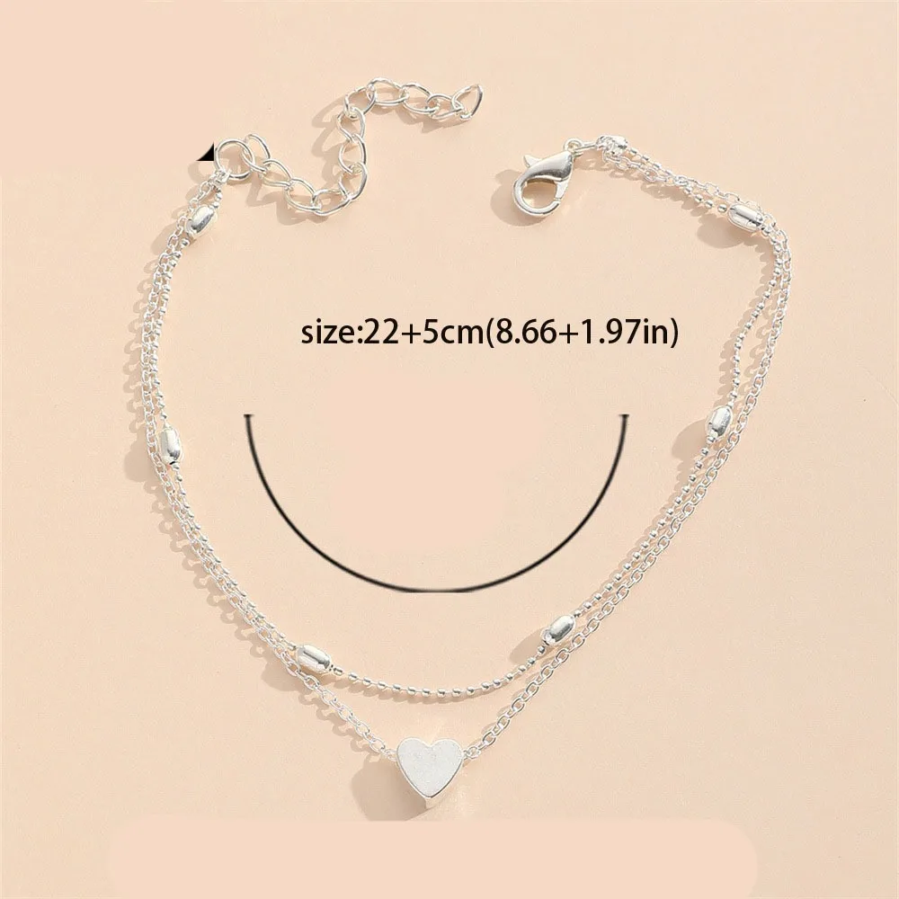 Personalities Heart-shaped Summer Butterfly Anklet Double Layer Bead Layered Foot Ankle Bracelet Adjustable Silver Girls