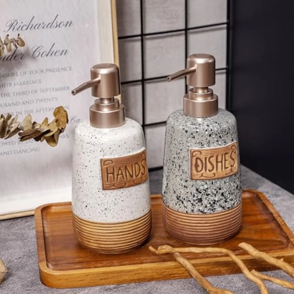Hand and Dish Soap Dispenser Set, Farmhouse Ceramic Soap Dispenser for Kitchen Sink, 15 OZ Vintage Hand Wash Liquid Dispenser