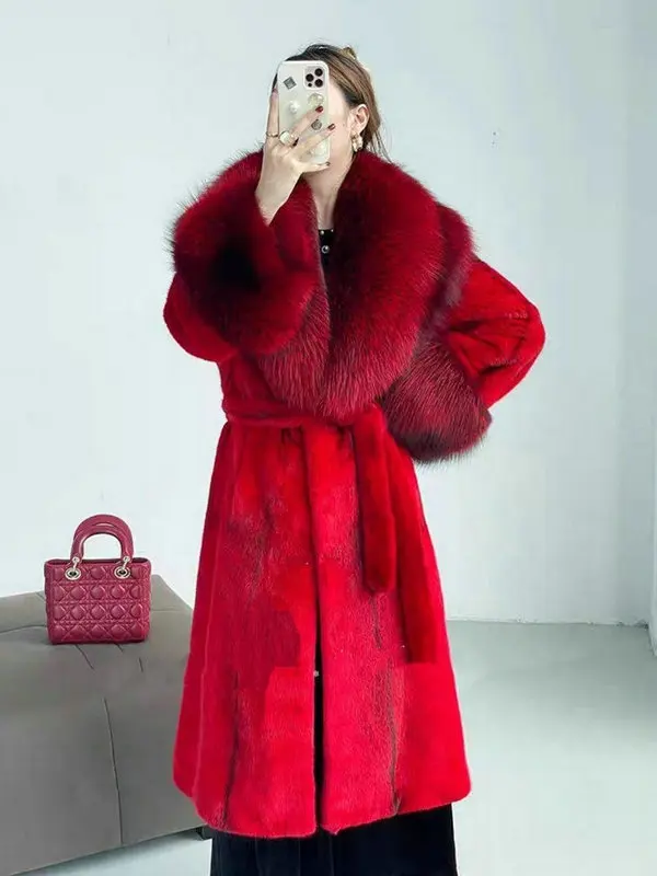 High-End Mink Fur Faux Mink Long Coat Women Fall Winter Thickened Warm All-Match Fox Fur Collar Long Sleeve Coat Female