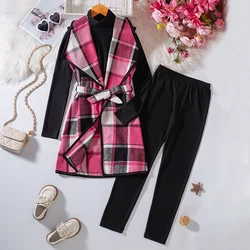 Three Piece Set Of New Solid Color Long Sleeved Pants With Checkered Bottom For Winter Girls Casual Birthday Party Clothing