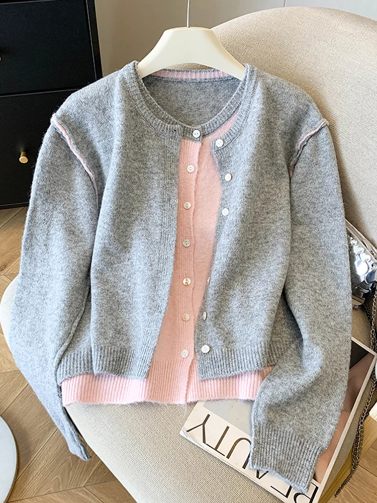 Zacht gebreid open vest Damesmode Casual Sle Splicing Matching Herfst Winter Trui Jaet Lichtgewicht Fake Two-P...